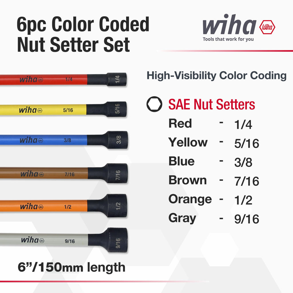 Wiha 70486 Color Coded Magnetic Nut Setter Set, 6 Inch SAE, 6 Piece (additional view 1)
