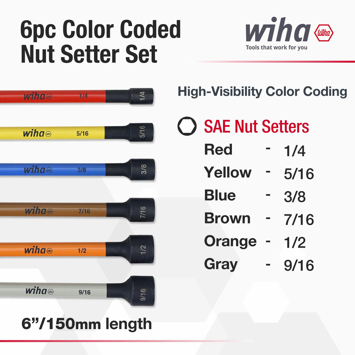 Wiha 70486 Color Coded Magnetic Nut Setter Set, 6 Inch SAE, 6 Piece (additional view 1)