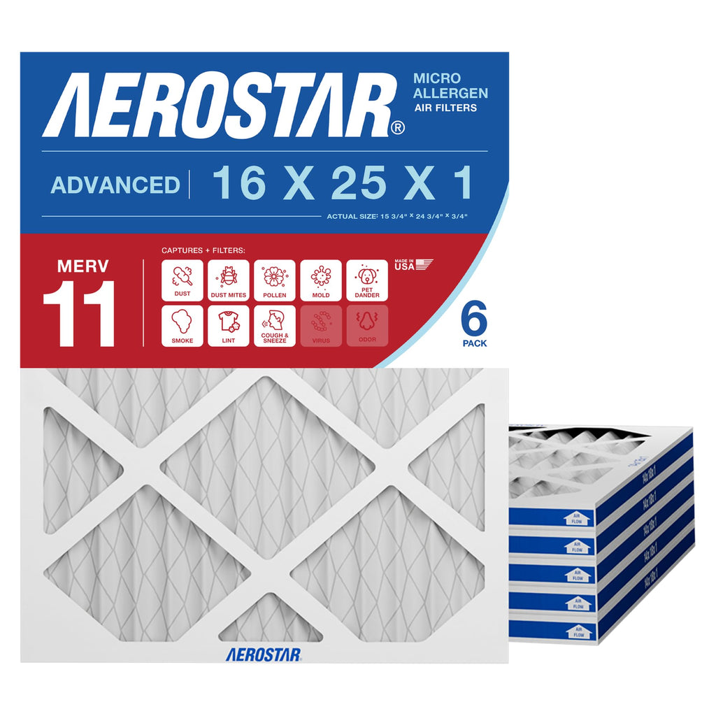 Aerostar Air Filter 16x25x1 MERV 11 AC Filter, HVAC, Furnace Filter, – 6 Pack