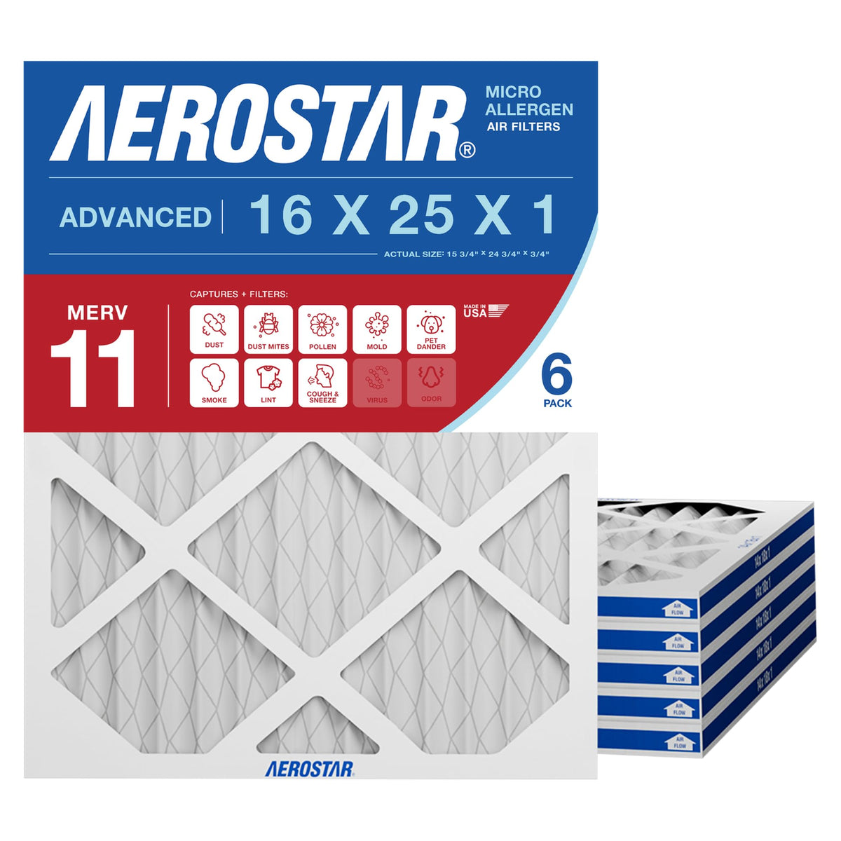 Aerostar Air Filter 16x25x1 MERV 11 AC Filter, HVAC, Furnace Filter, – 6 Pack