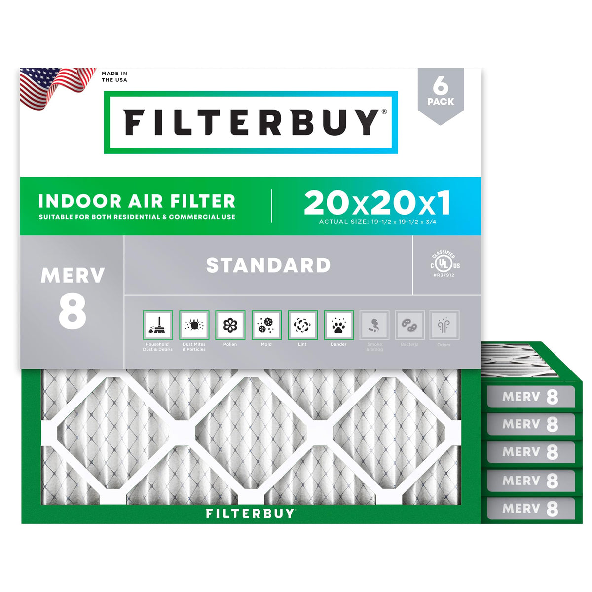 Filterbuy 20x20x1 Air Filter MERV 8 Dust & Allergy Defense (6-Pack)