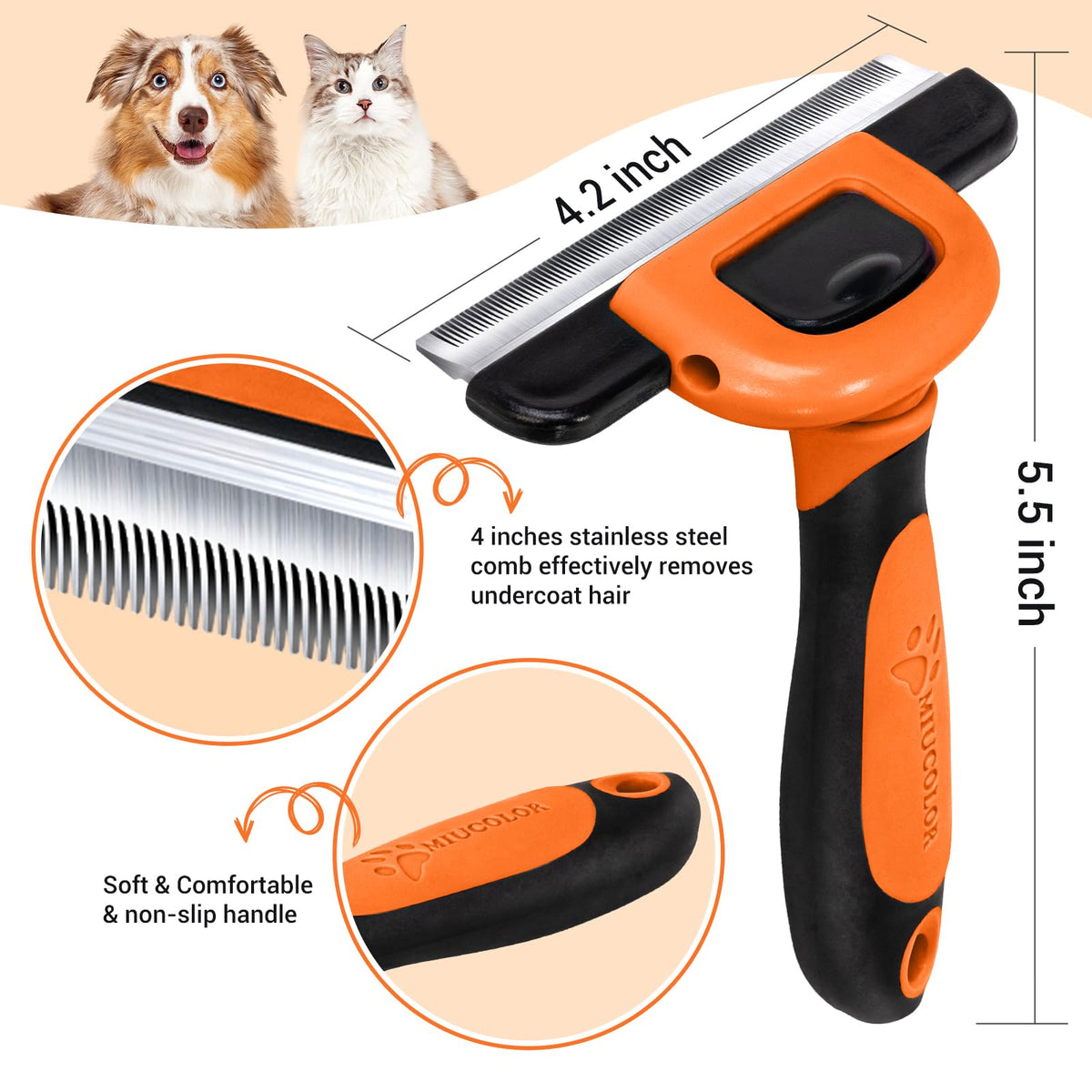 MIU COLOR Pet Grooming Brush Deshedding Tool for Dogs & Cats - Orange / Short and Medium Hair view 1