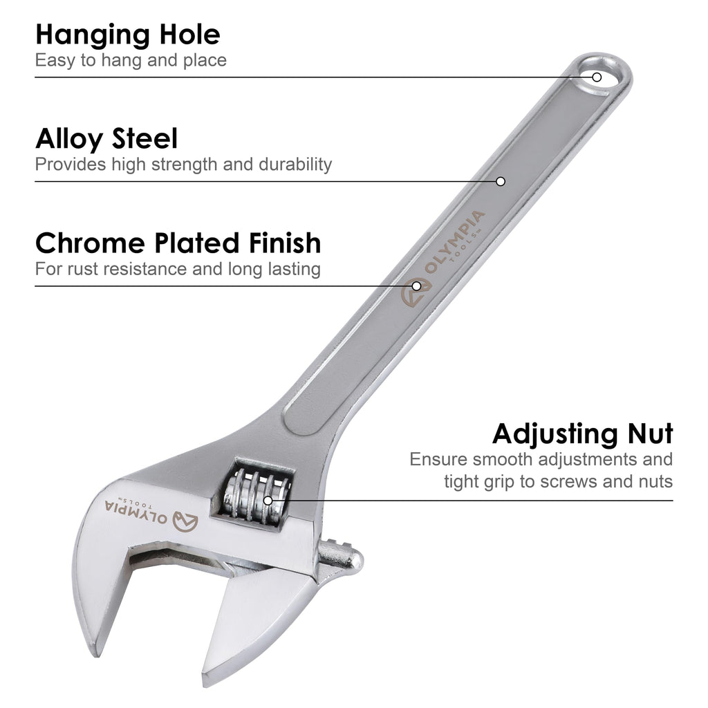 Olympia Tools 24" Adjustable Wrench, Heavy Duty Drop Forged Steel, Chrome Plated, Precision Machined Jaws, Rust