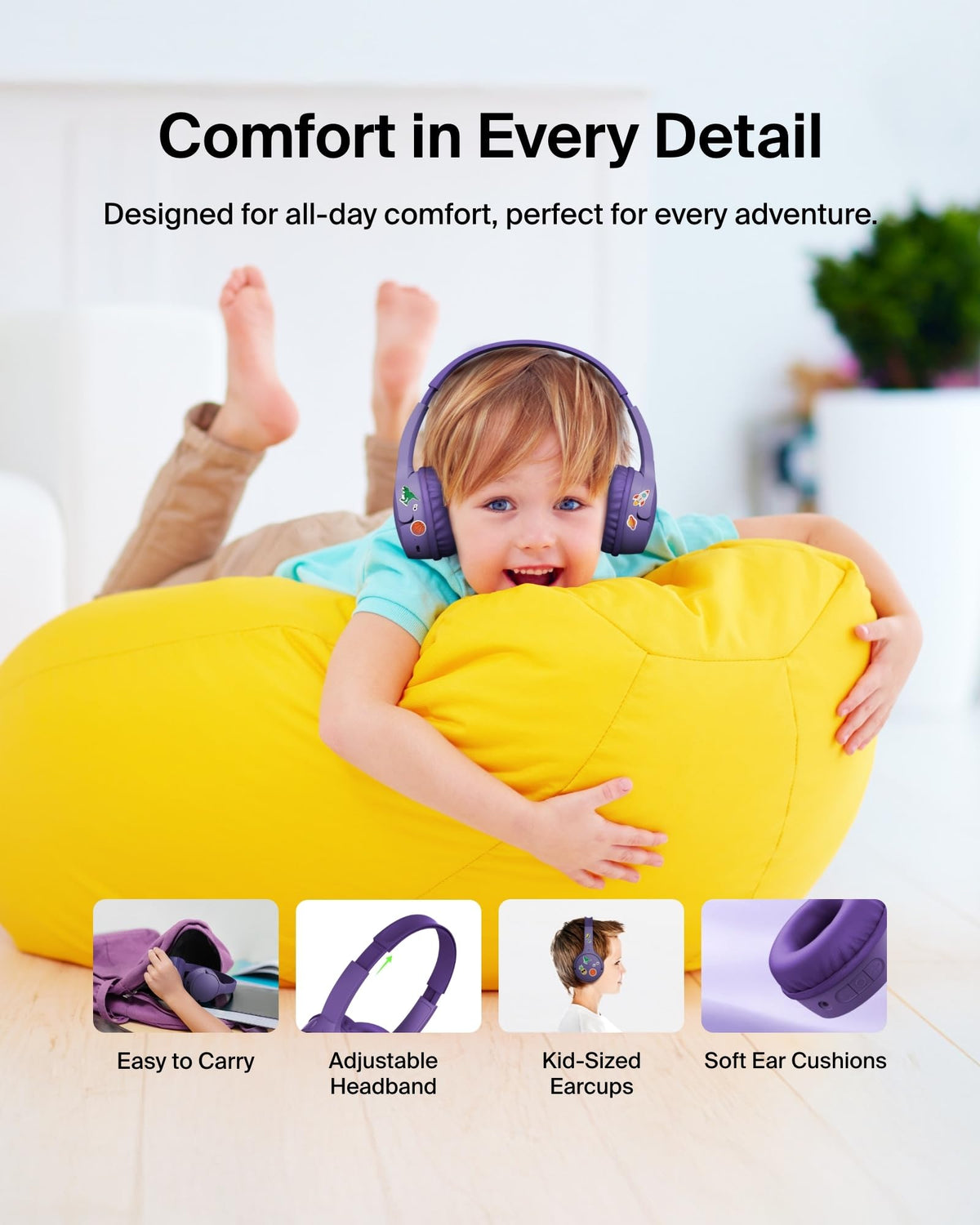 Belkin SoundForm Mini Kids Headphones - Purple / Wireless (USB-C) + Case view 5