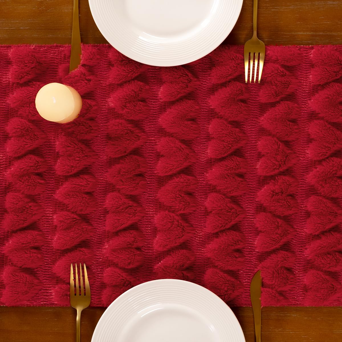 Red Heart Valentine's Day Romantic Plush Faux Fur Jacquard Table Runner (additional view 3)