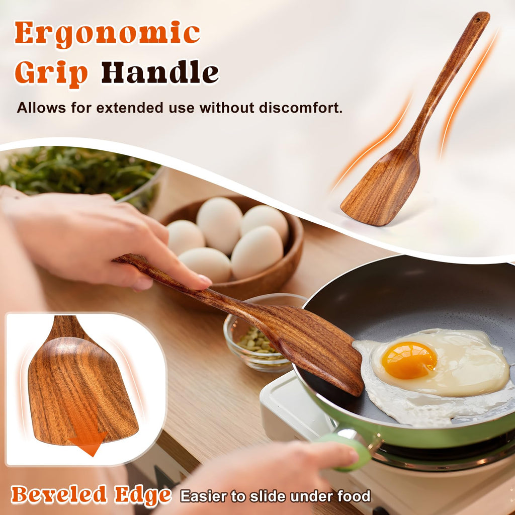 MemoGem 2Pcs Wooden Spatula, Acacia Solid & Slotted Turner Spatula Set, Long Handle Flat Frying Spatulas, Ideal Kitchen (Pack of 2)