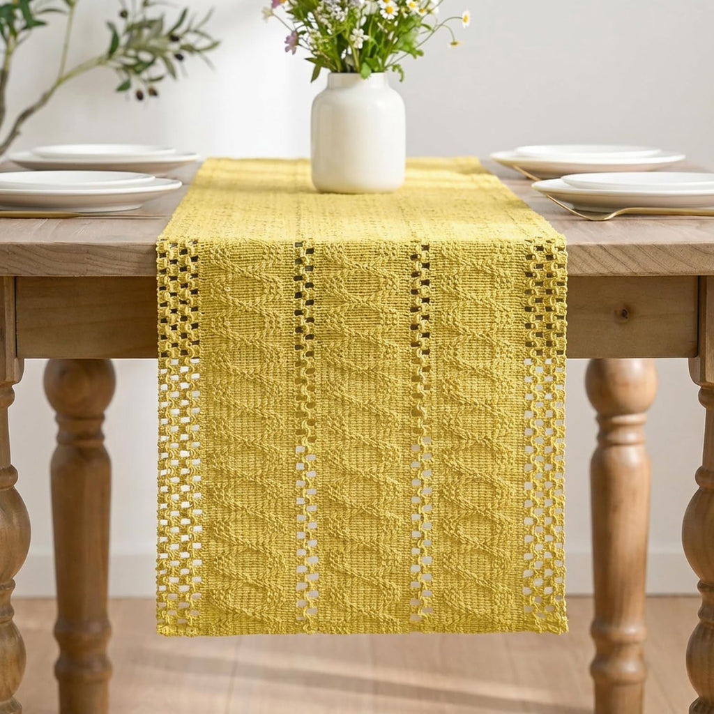 Artoid Woven Farmhouse Hollow Table Runner - Yellow / 12" x 48", Table Runner view 2