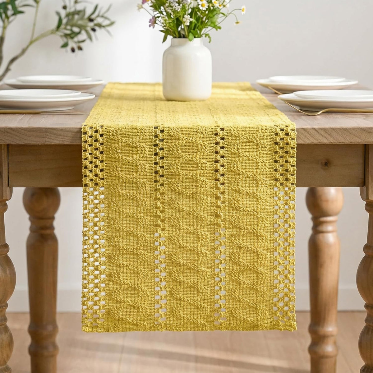 Artoid Woven Farmhouse Hollow Table Runner - Yellow / 12" x 48", Table Runner view 2
