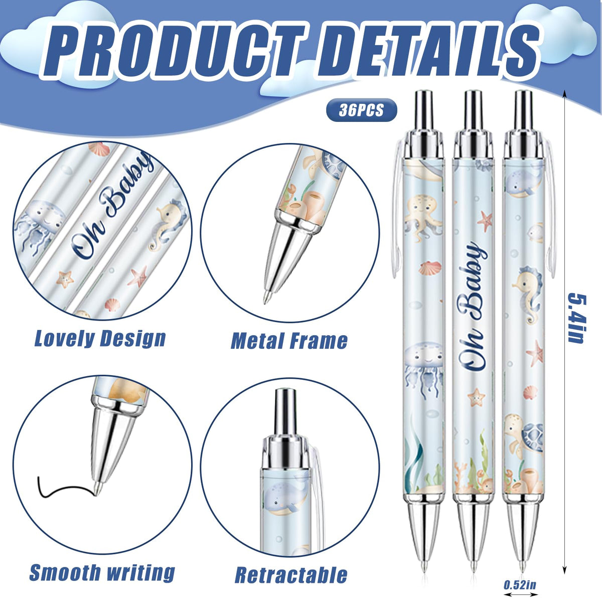 EYNDYN 145 Pieces Baby Shower Favors Ballpoint Pens and Keychains Gifts Bulk Retractable Pens Gender Reveal Cards Souvenirs - 72 / Sea view 1