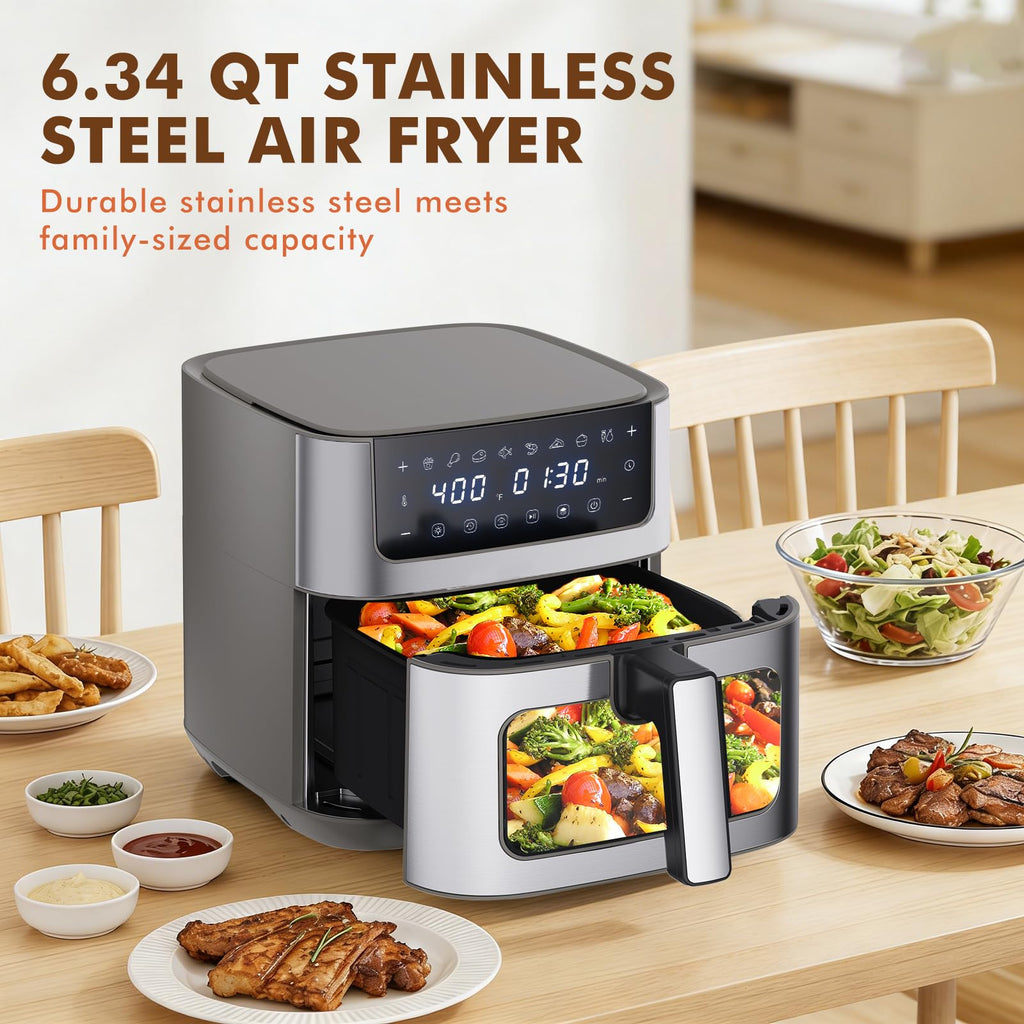 OLIXIS 6.34QT Air Fryer with Window, 8 Food Presets with 400°F Max Heat, 90-Min Timer, Nonstick Dishwasher-Safe Basket