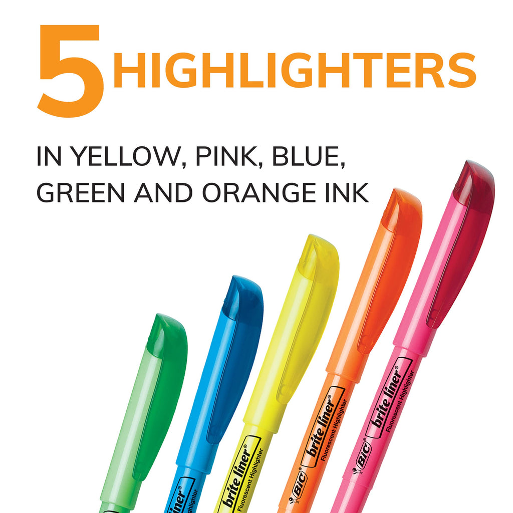 BIC Brite Liner Highlighters, Chisel Tip, 5-Count