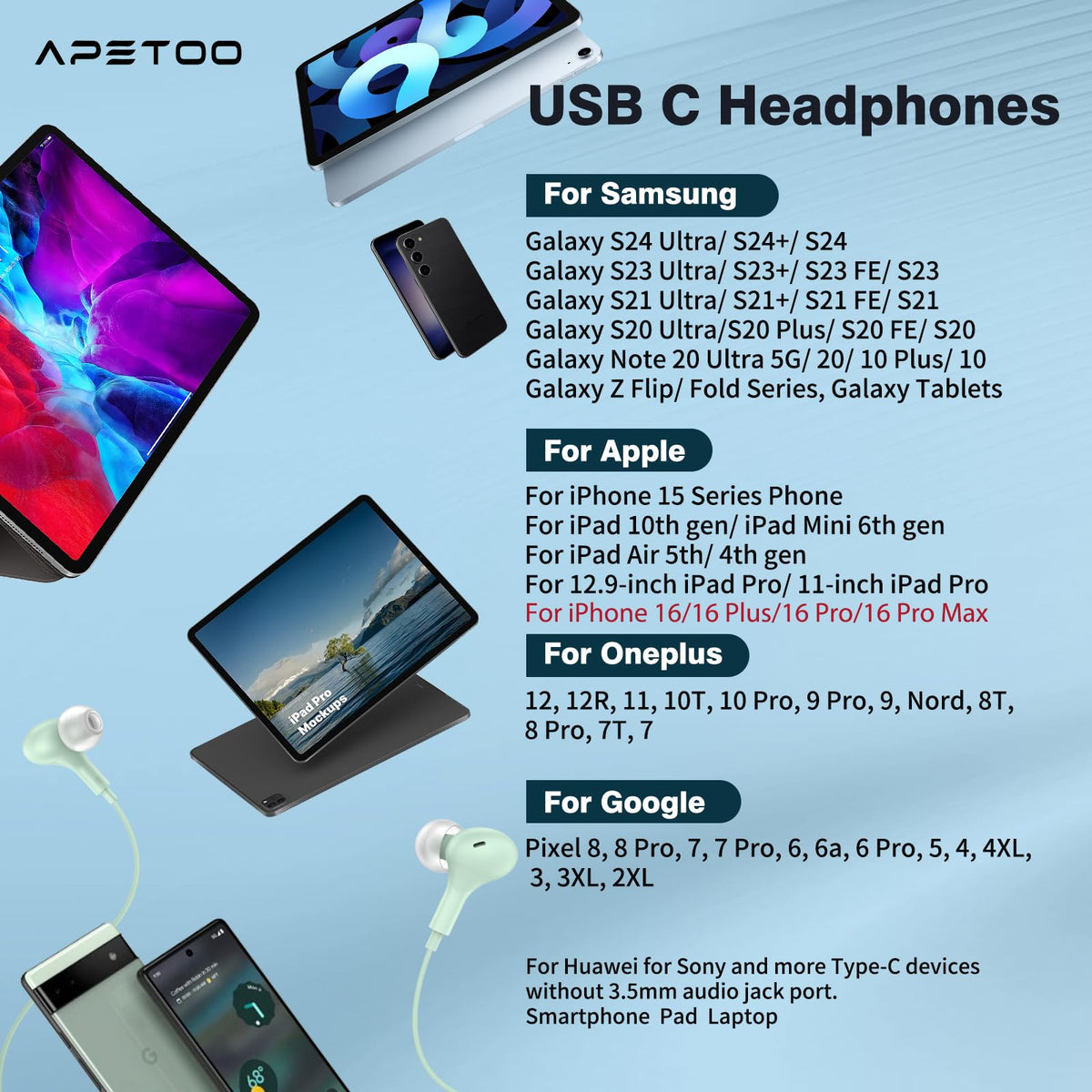 USB C Headphones for iPhone 18 Pro Max 17 16 15/Galaxy S26 FE Wired Earbuds - Mint-Green view 6