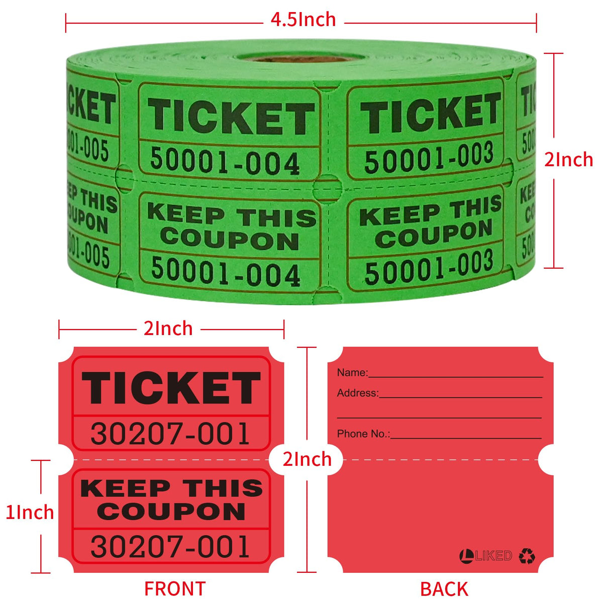 LLIKED 2"x2" Double Roll Raffle Tickets - 2000-red and Green view 1
