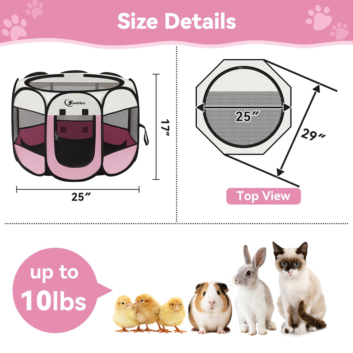 Siedihit Sieidihit Dog Cat Pet Playpen Puppy Crate Cage Indoor Outdoor, – Small Pink (SDUS1P1CWAG30S)