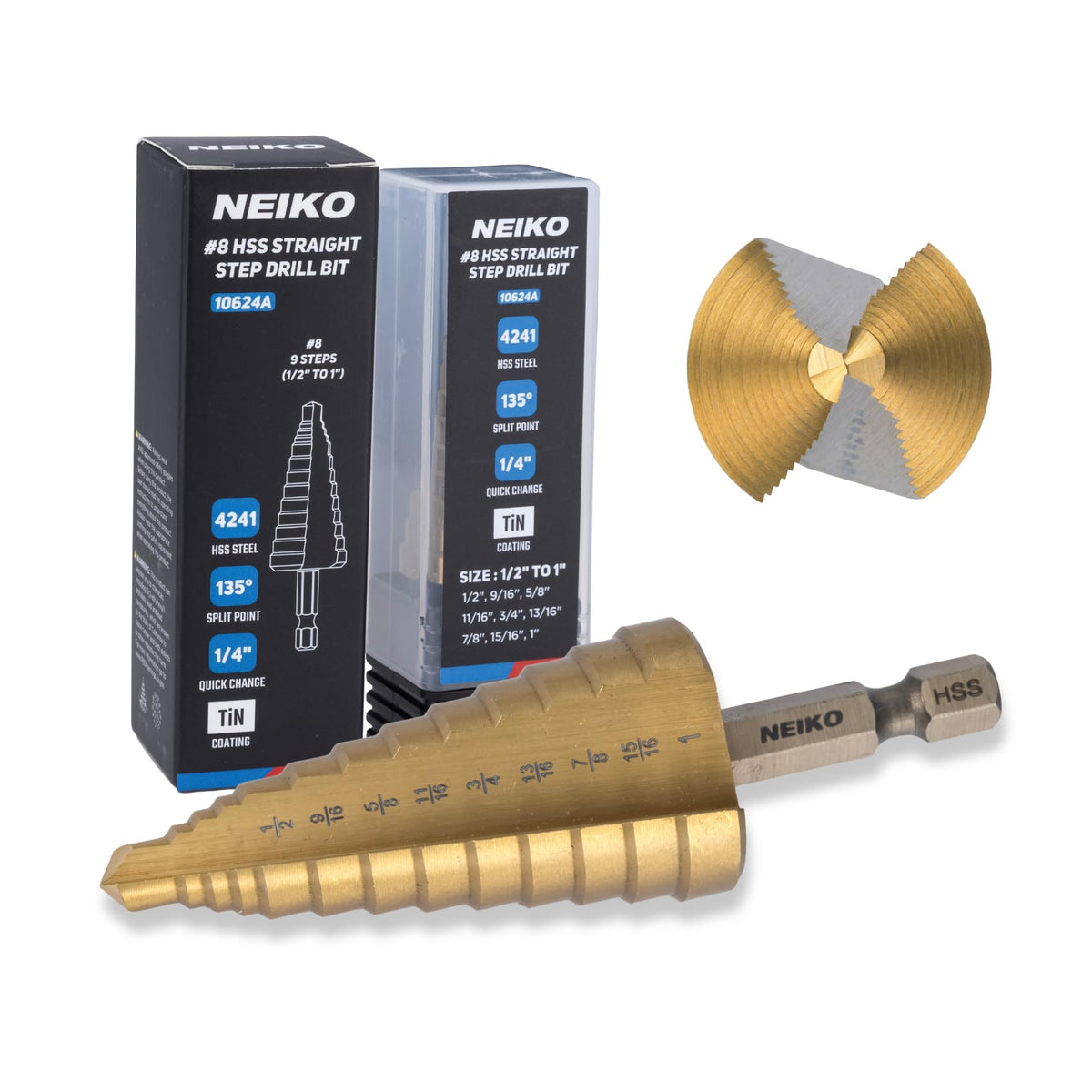 NEIKO 10624A Step Drill Bit, 9 Steps 1/2" to 1" Straight High Speed Steel, Titanium