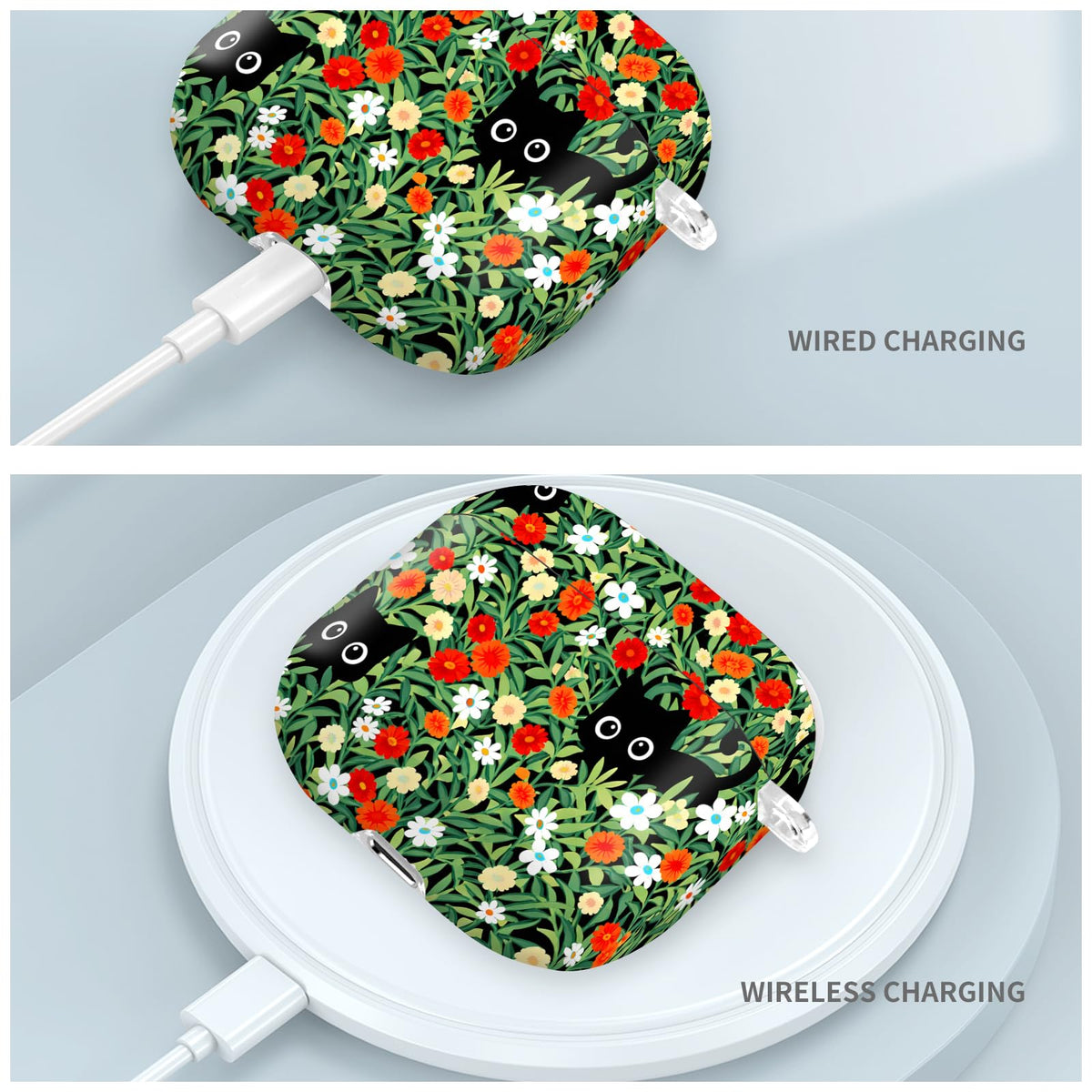 Compatible with AirPod PRO 3 2025 Shockproof Drop-Proof Wireless Earbuds Case with Keychain - Flower bed Black Cat view 4