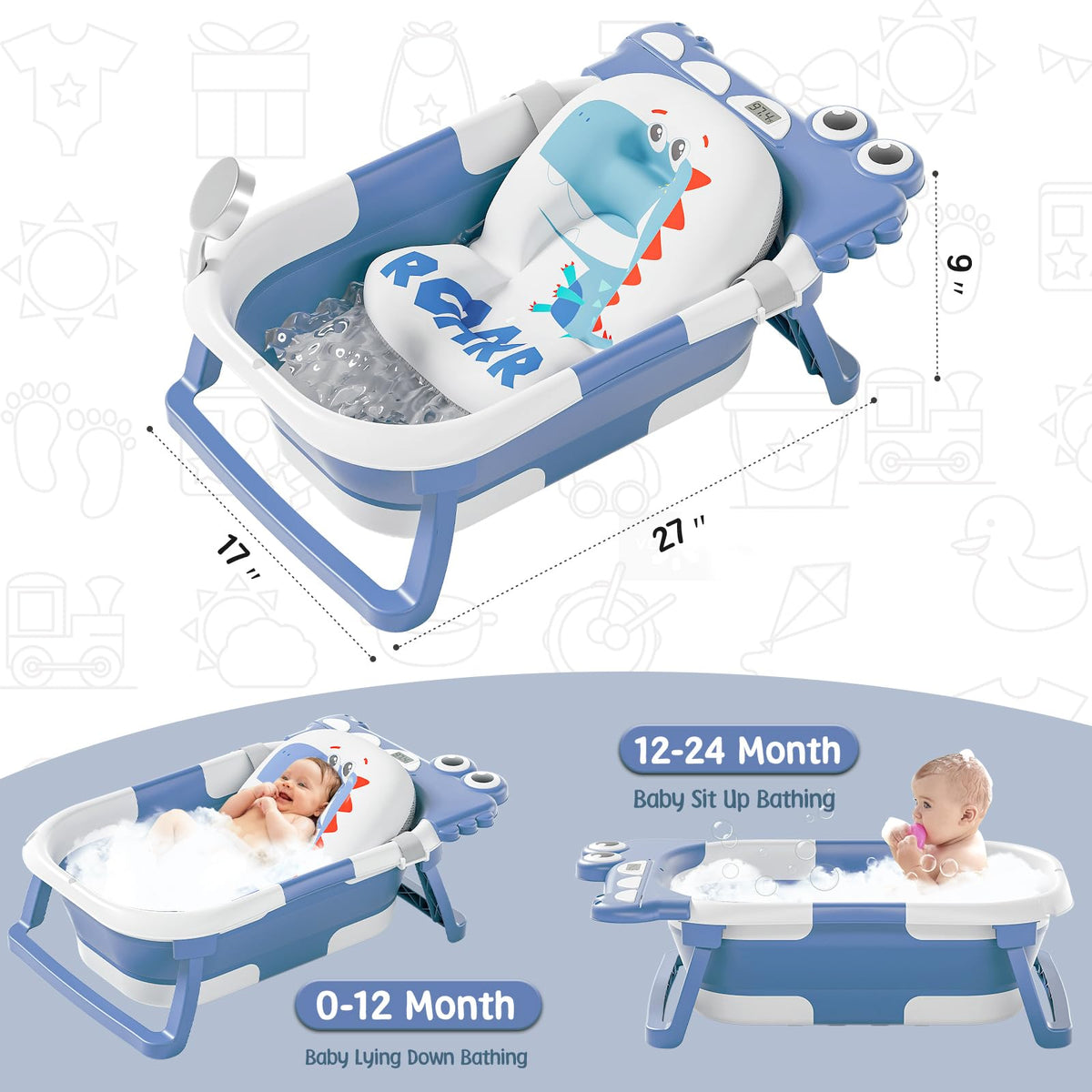 MoreFeel Collapsible Baby Bathtub for Newborn with Thermometer & 1 Hooded Towel & 1 Soft Floating Cushion,Portable Travel Bathtub with Drain Hole, Durable Foldable Baby Tubs for Infants to Toddler