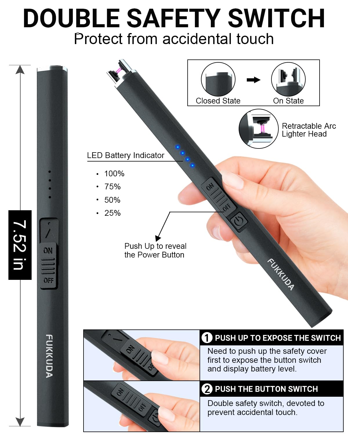 FUKKUDA Electric Arc Candle Lighter with Safety Switch - USB Rechargeable, Windproof & Flameless for Romantic Evenings