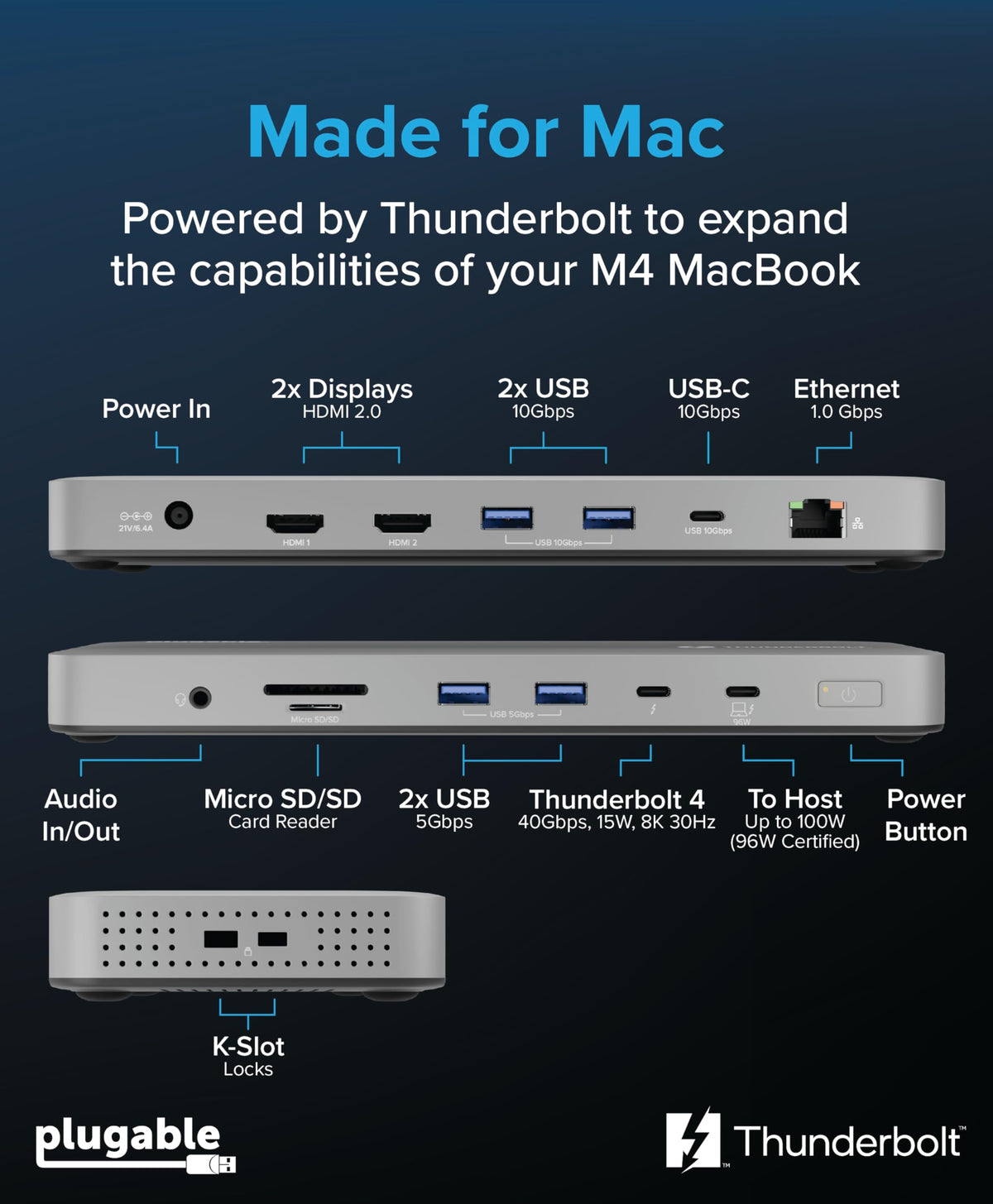 Plugable Thunderbolt 4 Dock for M4/M5 MacBook Air & Pro, 100W Charging (additional view 1)