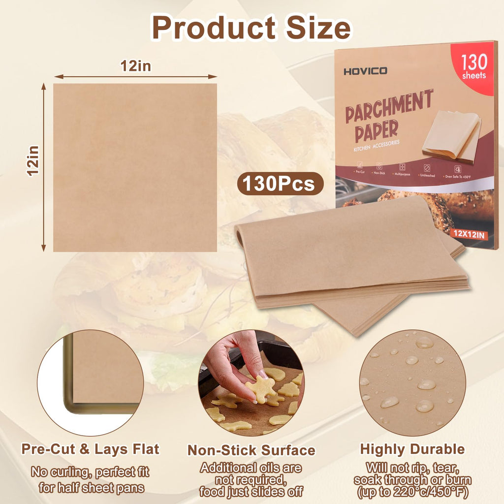 Hovico 130PCS Parchment Paper Baking Sheets - Original 12" x 12" view 1