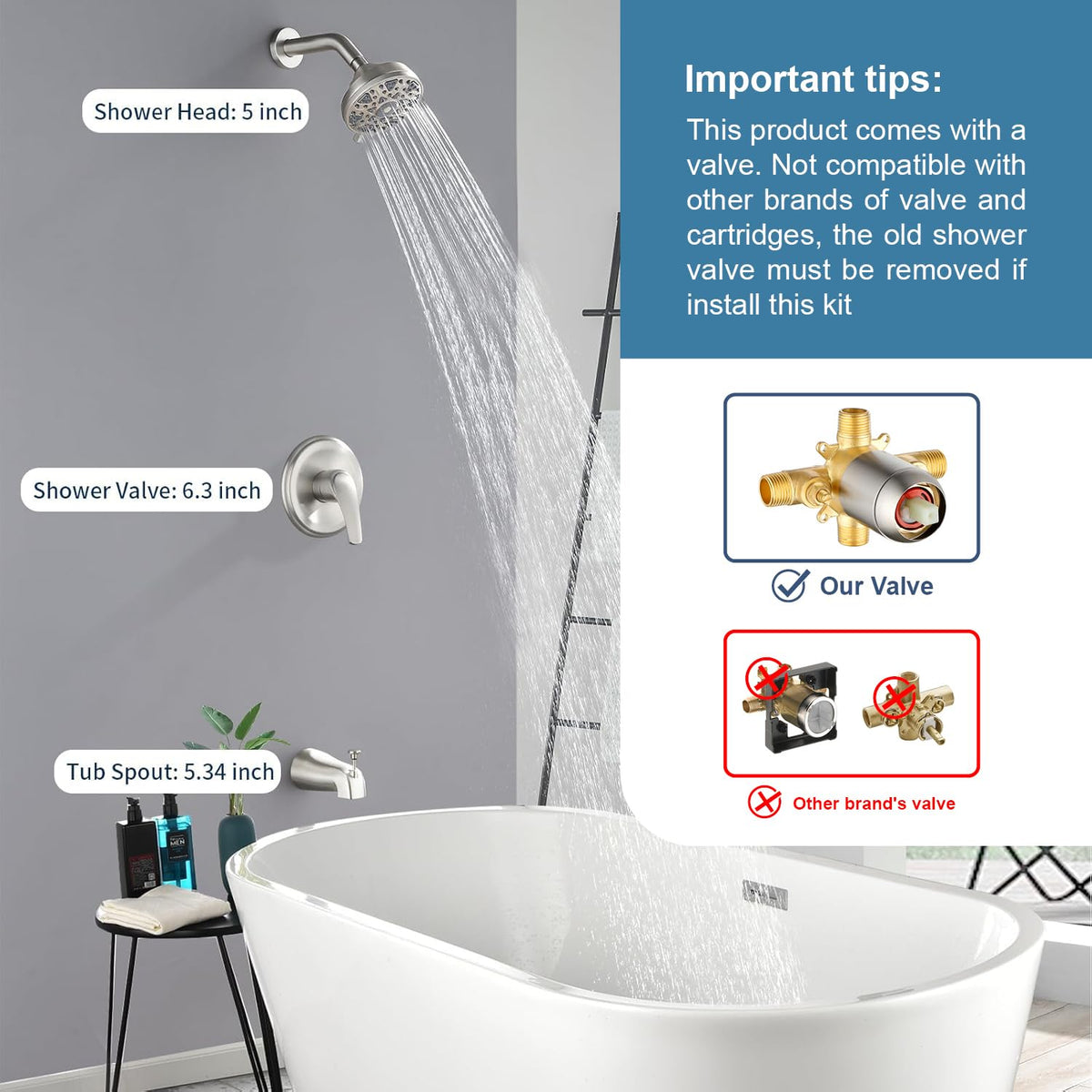 DIFEINI Tub Shower Faucet Combo Set Brushed Nickel Bathtub Faucet Set Shower System with Tub Spout Shower Tub Kit