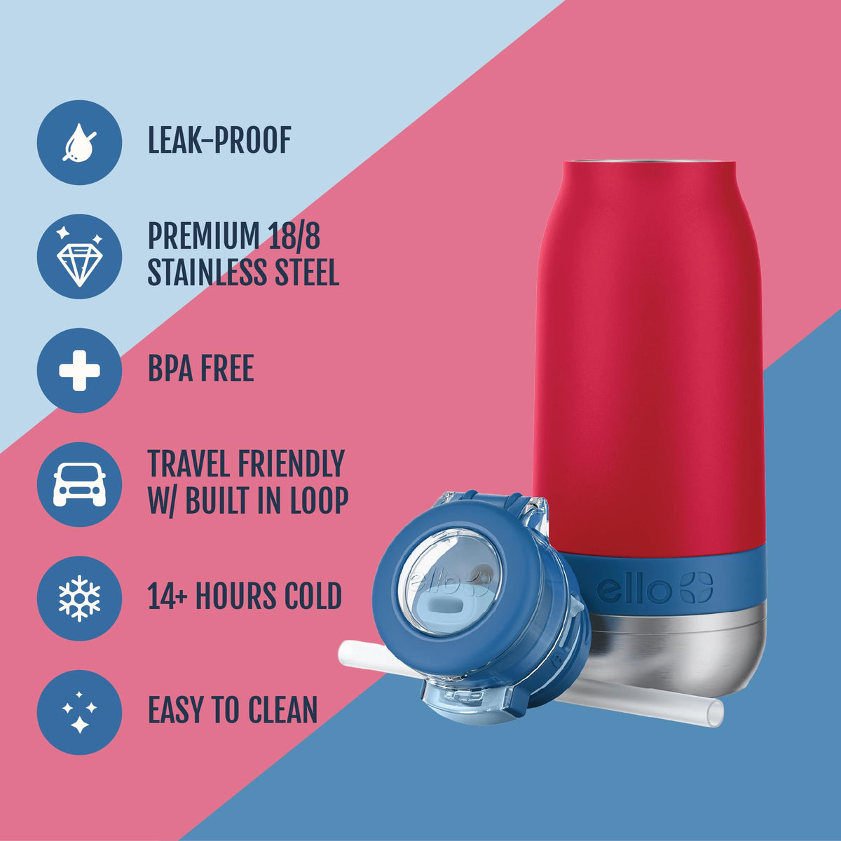 Ello Emma Insulated Stainless Kids Water Bottle with Straw, Red Splash, 14 Ounces (Pack of 8) (457-0919-005-8A)