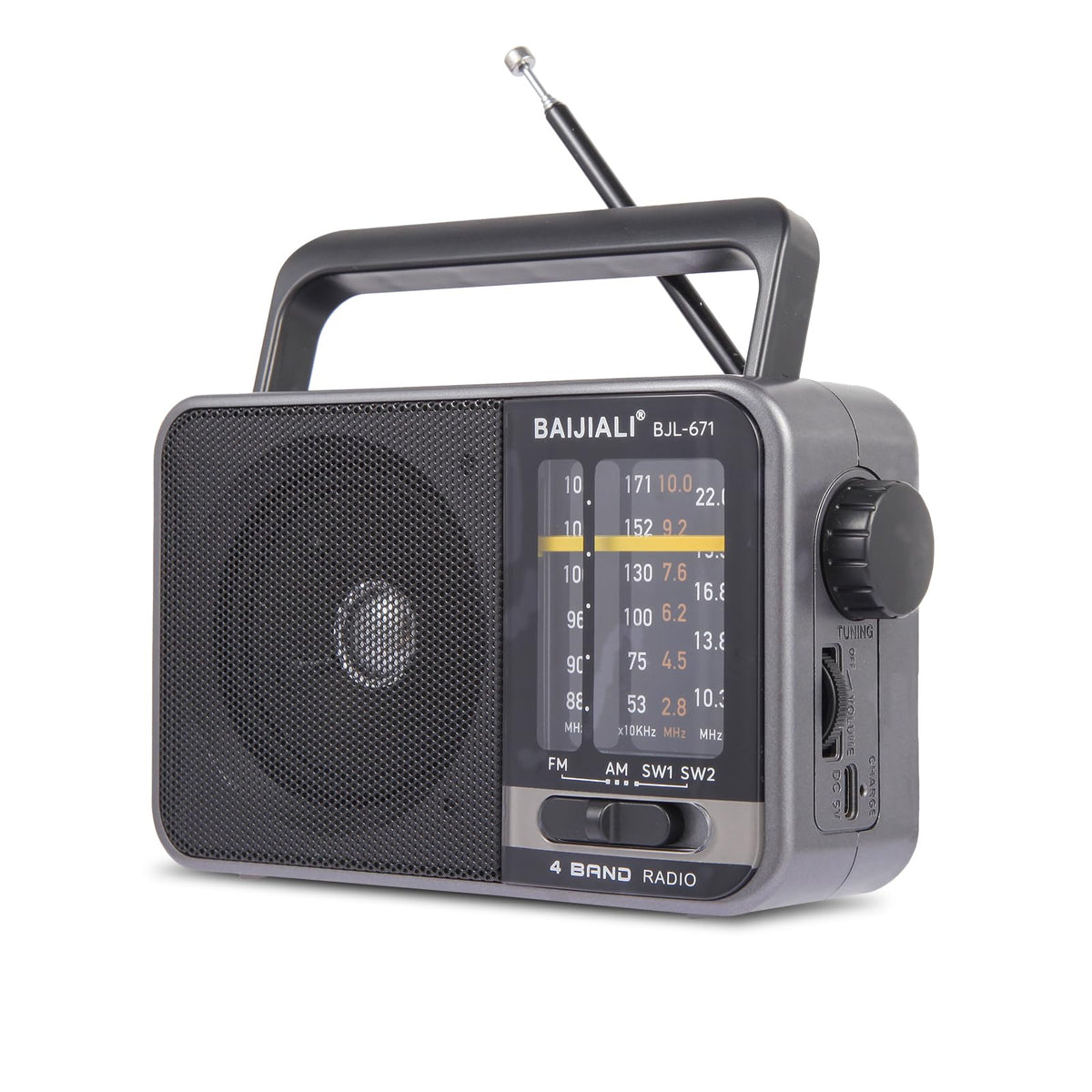 Portable AM/FM Transistor Radio with Loud Speaker, Battery or USB Powered - Gray