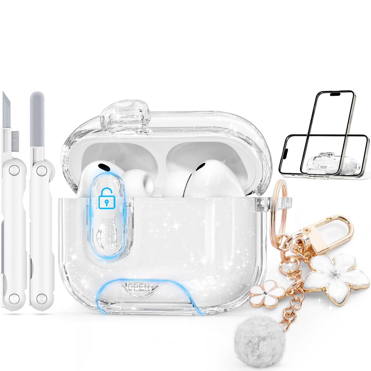 Skyconser for AirPods Pro 3 Case 2025 with Safety Lock,Glitter White