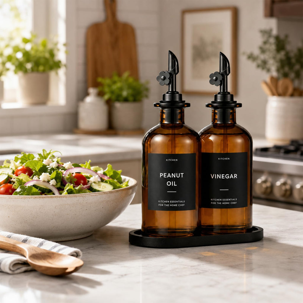 Olive Oil Dispenser for Kitchen, 2-Pack 12oz Glass Bottle - Brown&Black Labels view 5