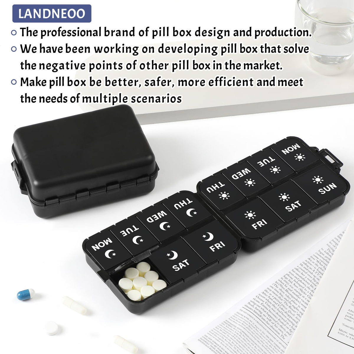 Foldable Portable 7 Day Pill Organizer 2 Times a Day, AM PM Weekly Pill Box