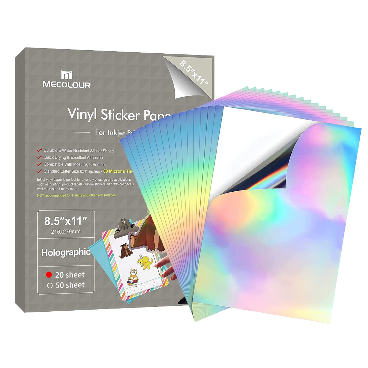 MECOLOUR Holographic Sticker Paper 8.5'' 11'' Printable Premium Rainbow Vinyl for Cricut - 20
