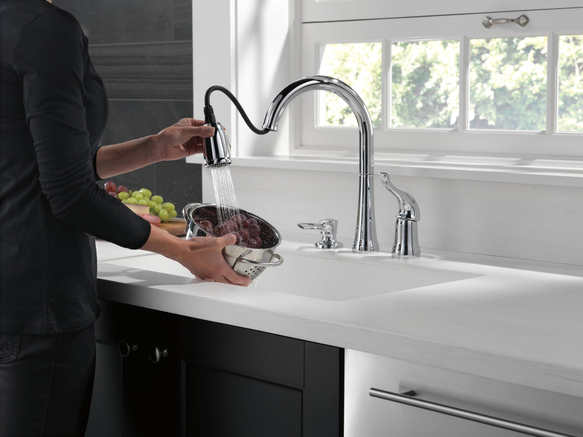 DELTA Kitchen Faucet with Pull Down Sprayer and Soap Disperser, Modern Two Hole Kitchen Sink Faucet, Single Handle