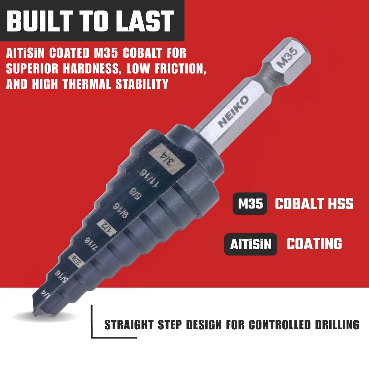 NEIKO 10607B Step Drill Bit, 9 Steps 1/4" to 3/4" Straight M35 Cobalt, AlTiSiN Coated (additional view 2)