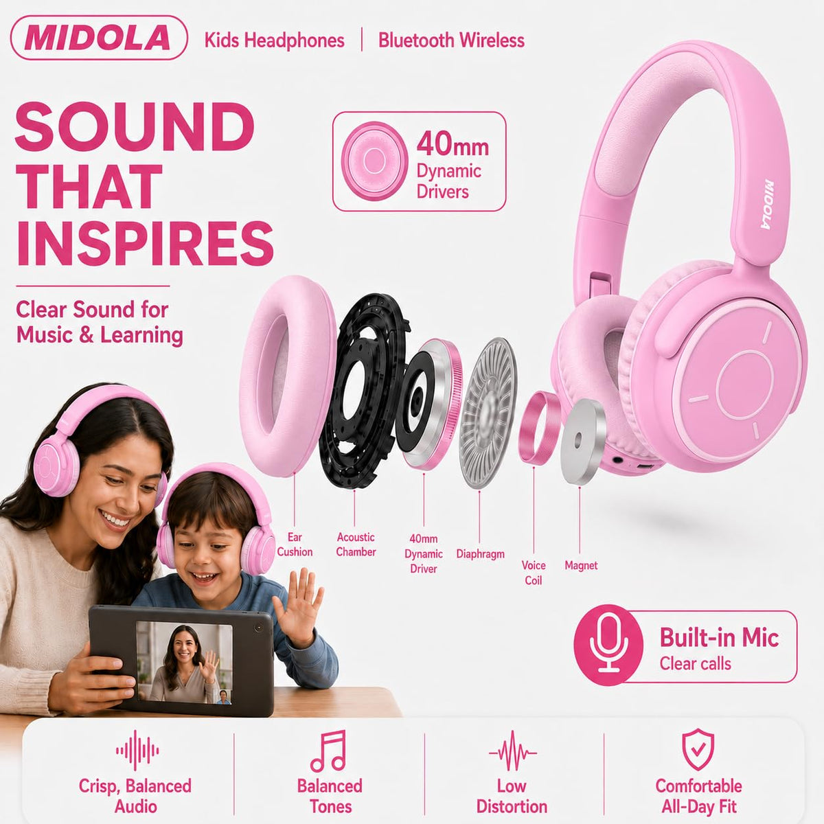 Kids Bluetooth Headphones Wireless Over-Ear,68Hrs,Volume Limit 85/94dB - Pink view 7