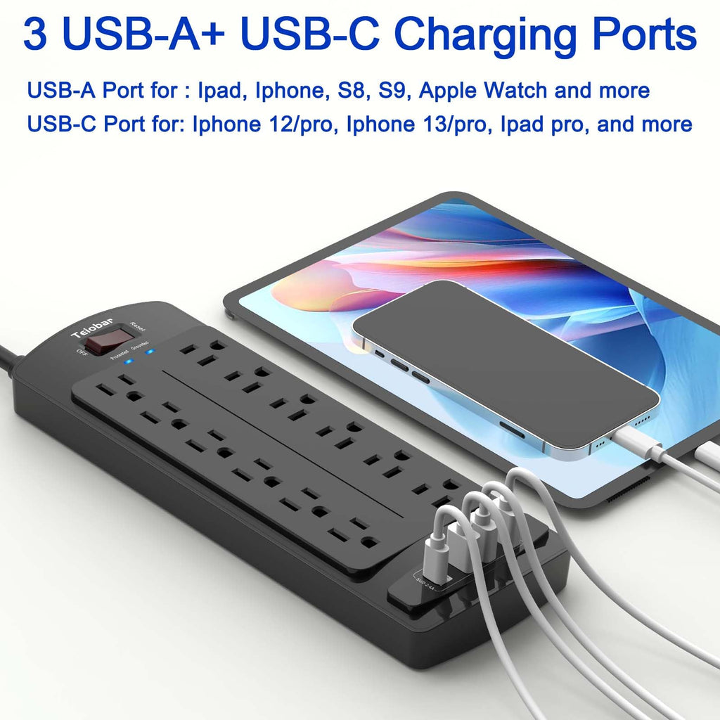 Teiobar Extension Cord Power Strip - Black(12 Outlets/3U1C) / 6 Ft view 2