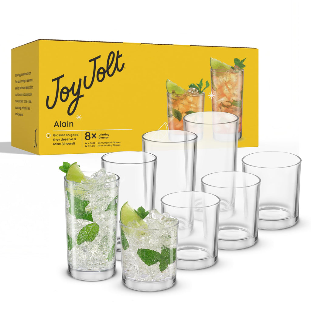 JoyJolt Alain Drinking Glasses Set of 8 Glass Tumblers. Highball 14oz Bar Glasses and (additional view 7)