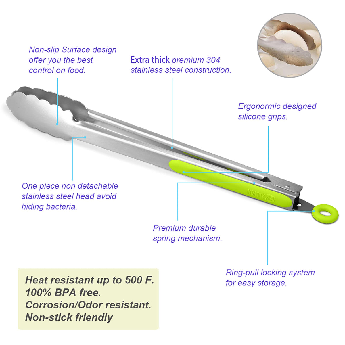 ALLWIN-HOUSEWARE W 304 Stainless Steel Kitchen Cooking Tongs, 14 & 16 Inch, Set of 2, – Green (WH-0627) (Pack of 2)