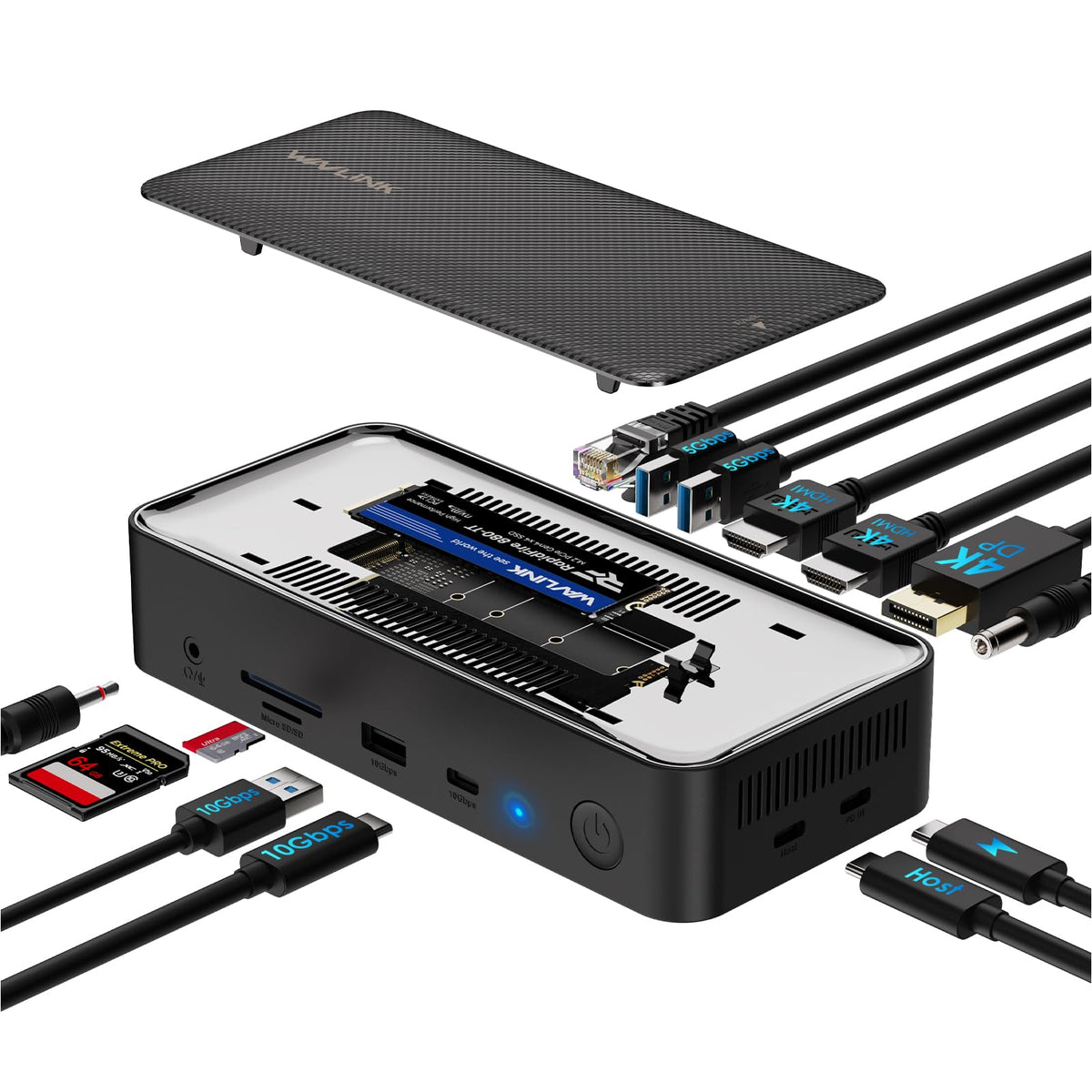 WAVLINK Laptop Docking Station 3 Monitors, 12-1 USB Hub with 10Gbps M.2 PCIe/SATA SSD