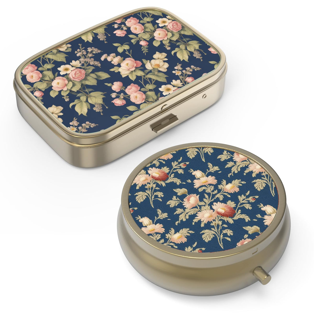 Pill Organizer Pill Box with Mirror Retro Small Pill Case - Retro Rose Floral / 2 pieces