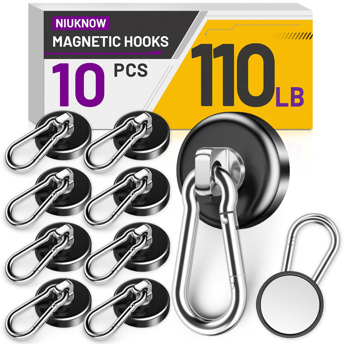 Niuknow Magnetic Hooks with Swivel Carabiner - Black / 1.26 in