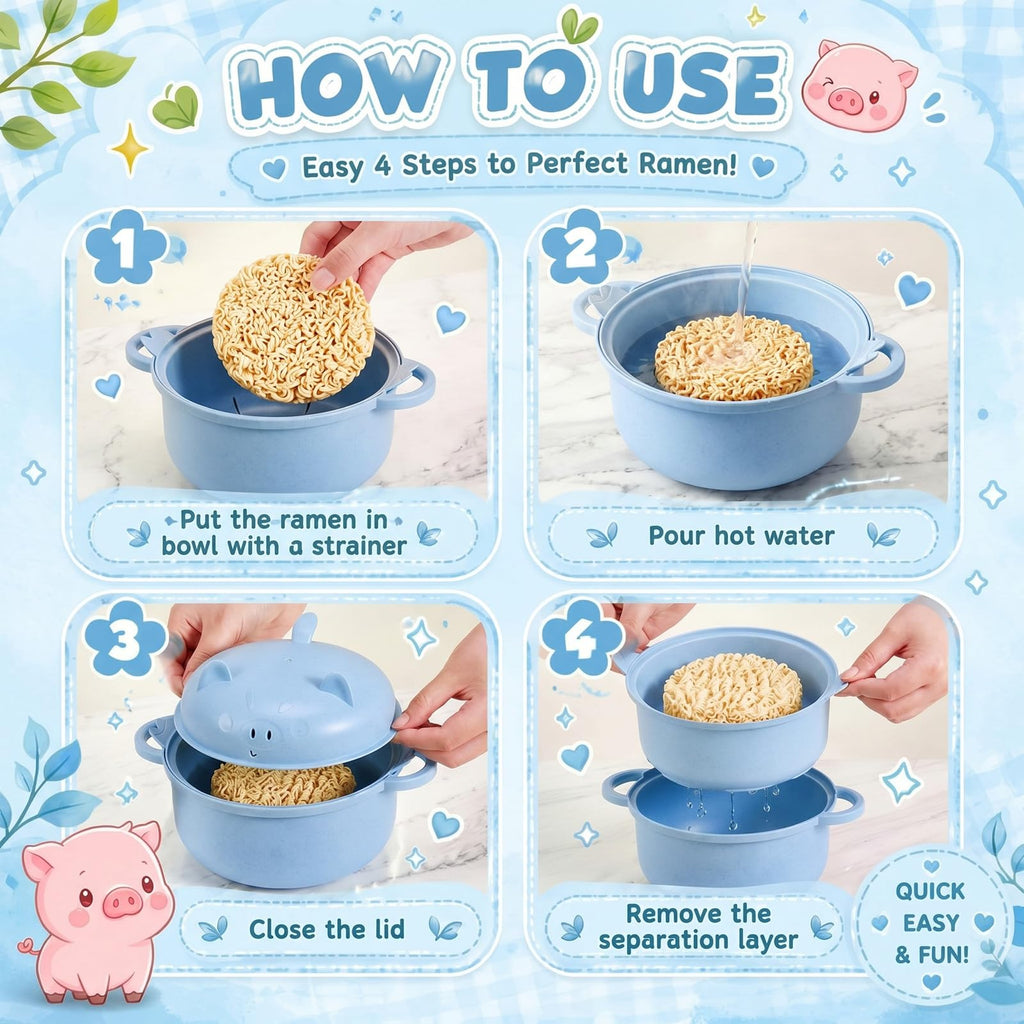 Romooa 45oz Cute Pig Ramen Bowl Set Microwavable