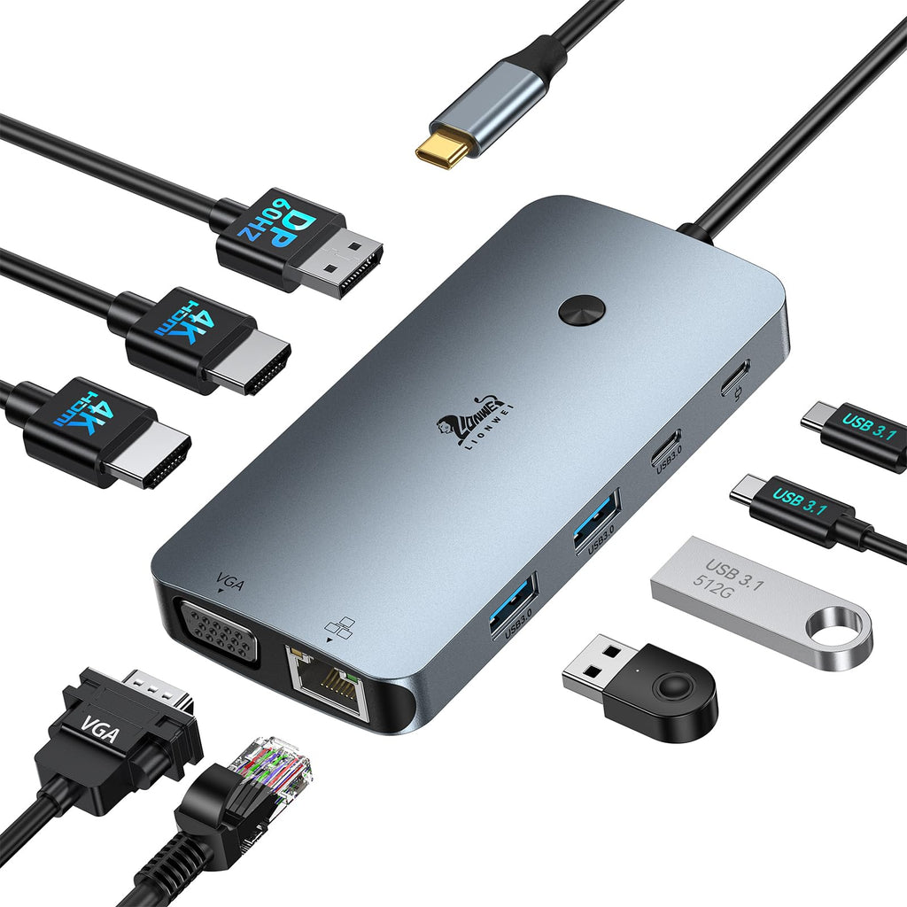 LIONWEI USB C Hub Docking Station Laptop - 9-in-1 (4 Monitor)