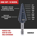 NEIKO 10607B Step Drill Bit, 9 Steps 1/4" to 3/4" Straight M35 Cobalt, AlTiSiN Coated (additional view 1)