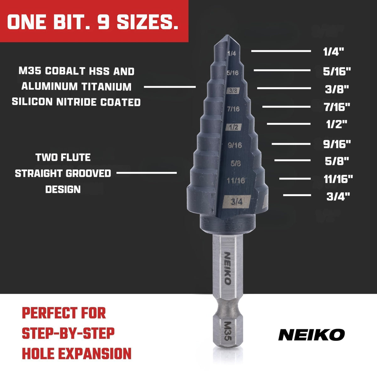 NEIKO 10607B Step Drill Bit, 9 Steps 1/4" to 3/4" Straight M35 Cobalt, AlTiSiN Coated (additional view 1)