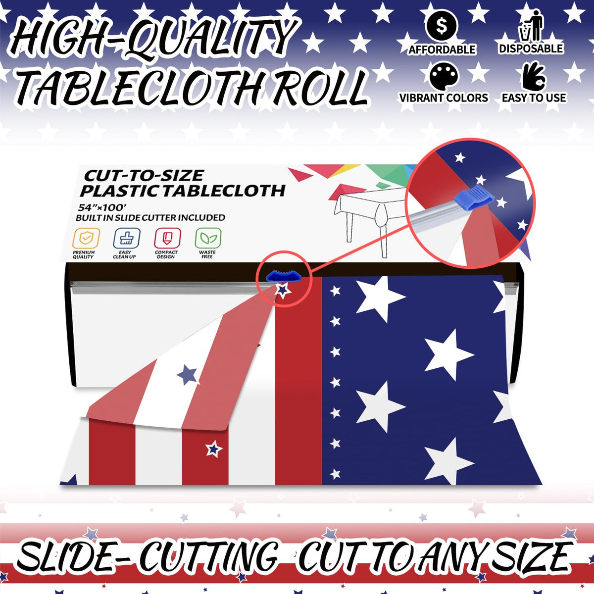 CXPSINC 54 Inch Plastic Table Cover Roll Disposable Tablecloth with Slide Cutter - American Flag / 3600" x 54" (Rectangular) view 3