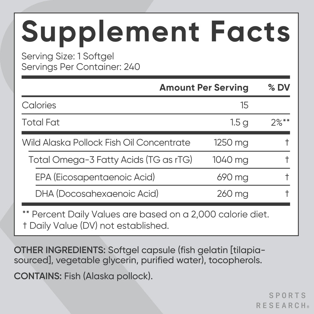 Sports Research Omega-3 Fish Oil 1250mg from Wild Alaska Pollock,240 Count (FG385A)