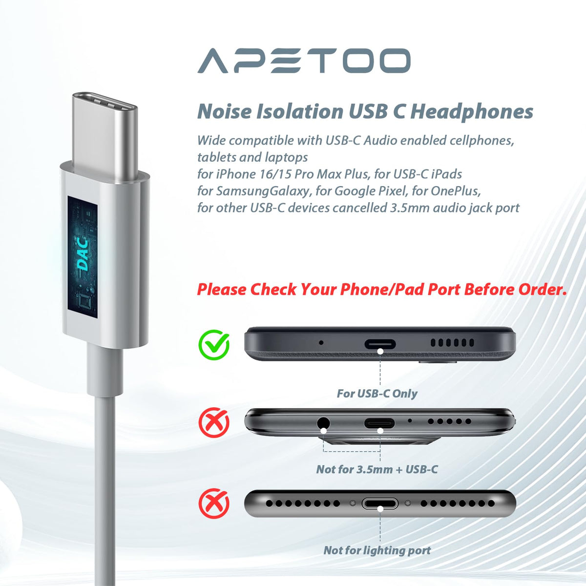 USB C Headphones for iPhone 18 Pro Max 17 16 15/Galaxy S26 FE Wired Earbuds - Sky-Grey view 6