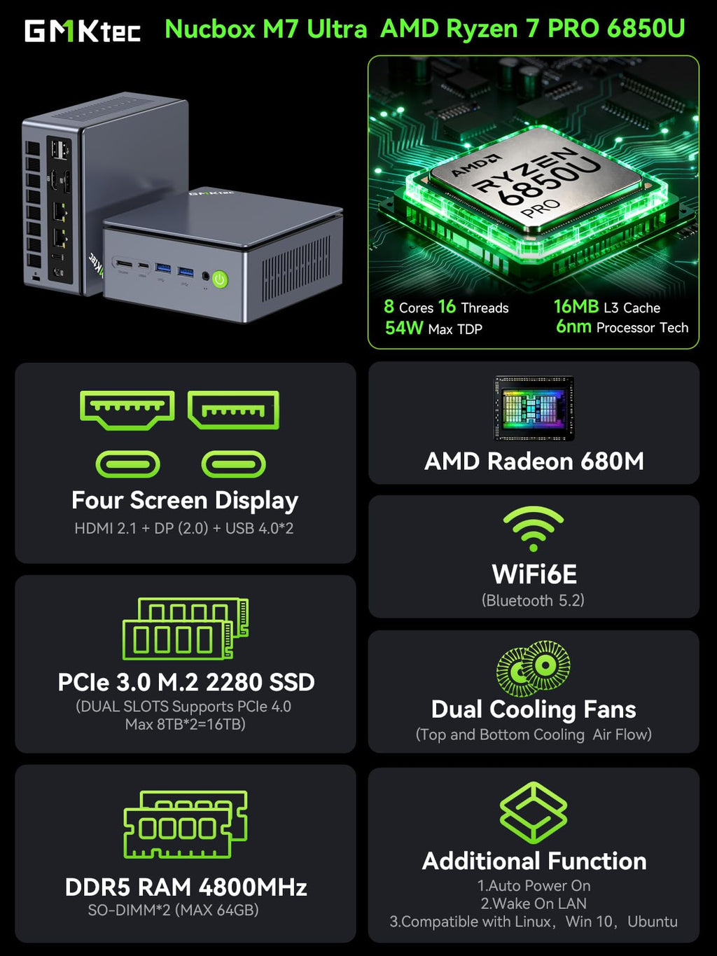 GMKtec Gaming PC Mini, M7 Ultra Ryzen 7 PRO 6850U 16GB DDR5 RAM + 512GB SSD (additional view 1)