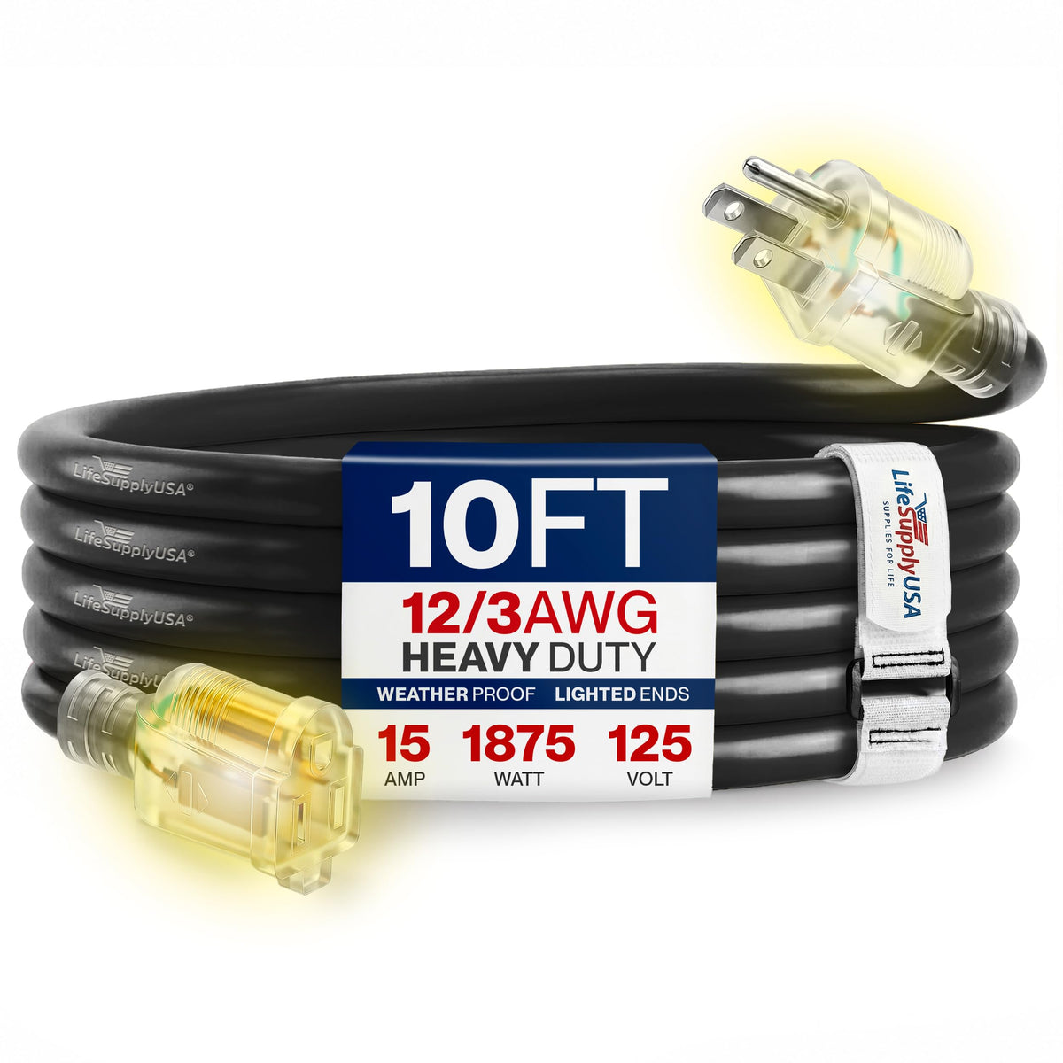 LifeSupplyUSA Outdoor/Indoor Extension Cord Heavy Duty 3 Prong SJTW - 10 FT / 12AWG