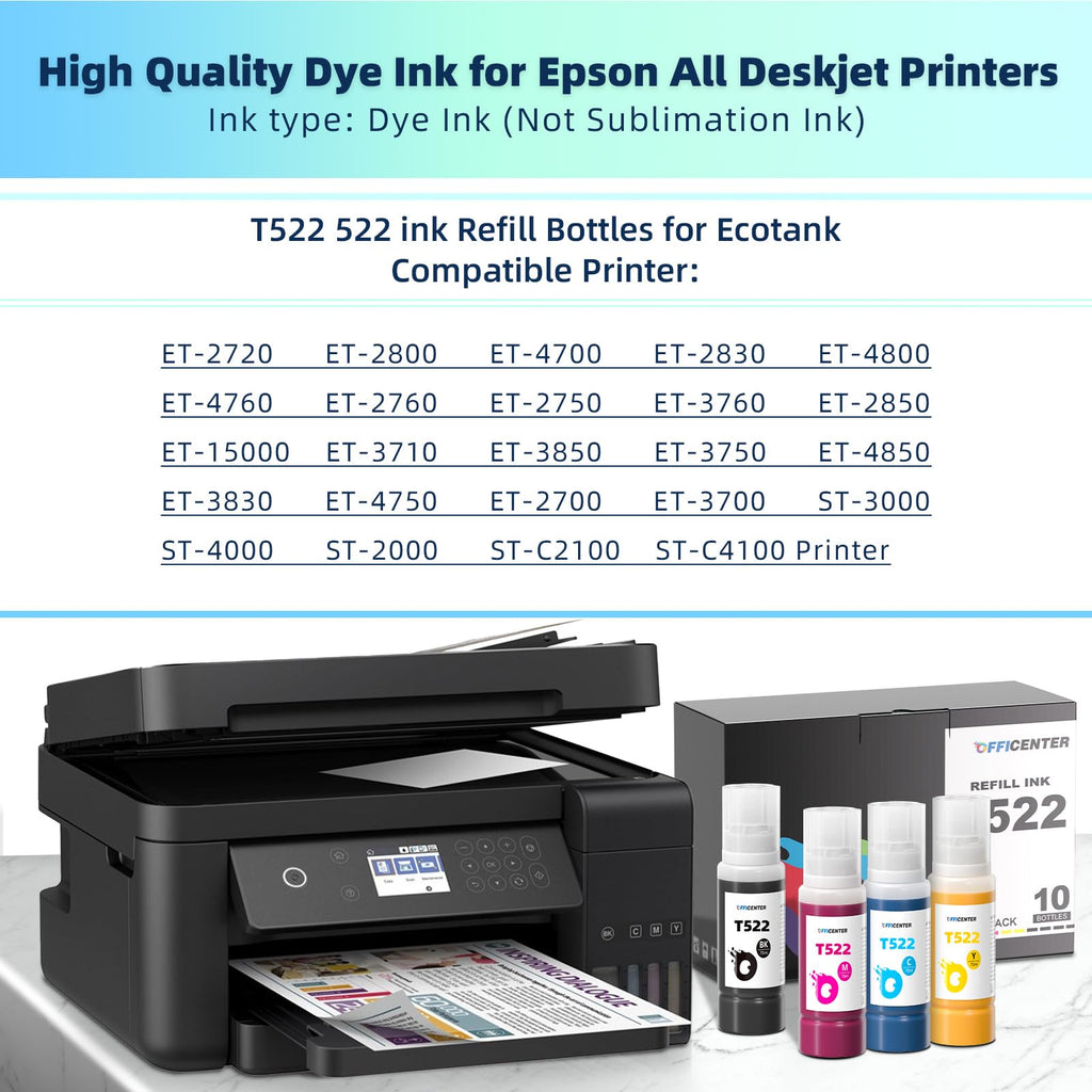OFFICENTER 10 Bottles 522 Ink Refill Bottles for Ecotank ET-2800 ET-2720 ET-2803 ET-4700 (additional view 1)